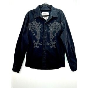 White Tag Premium Denim Y2K Grunge Affliction Punk Button Down Black Embroidery